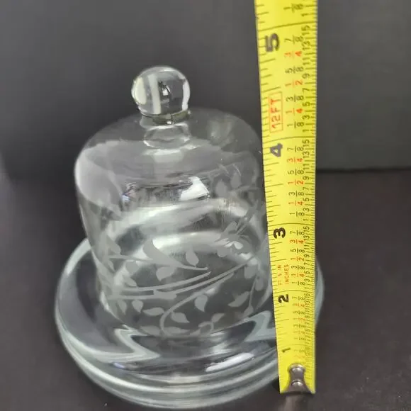 Vintage Miniature Glass Domed Butter Dish Etched Butterflies Vines Votive Candle - Picture 10 of 12